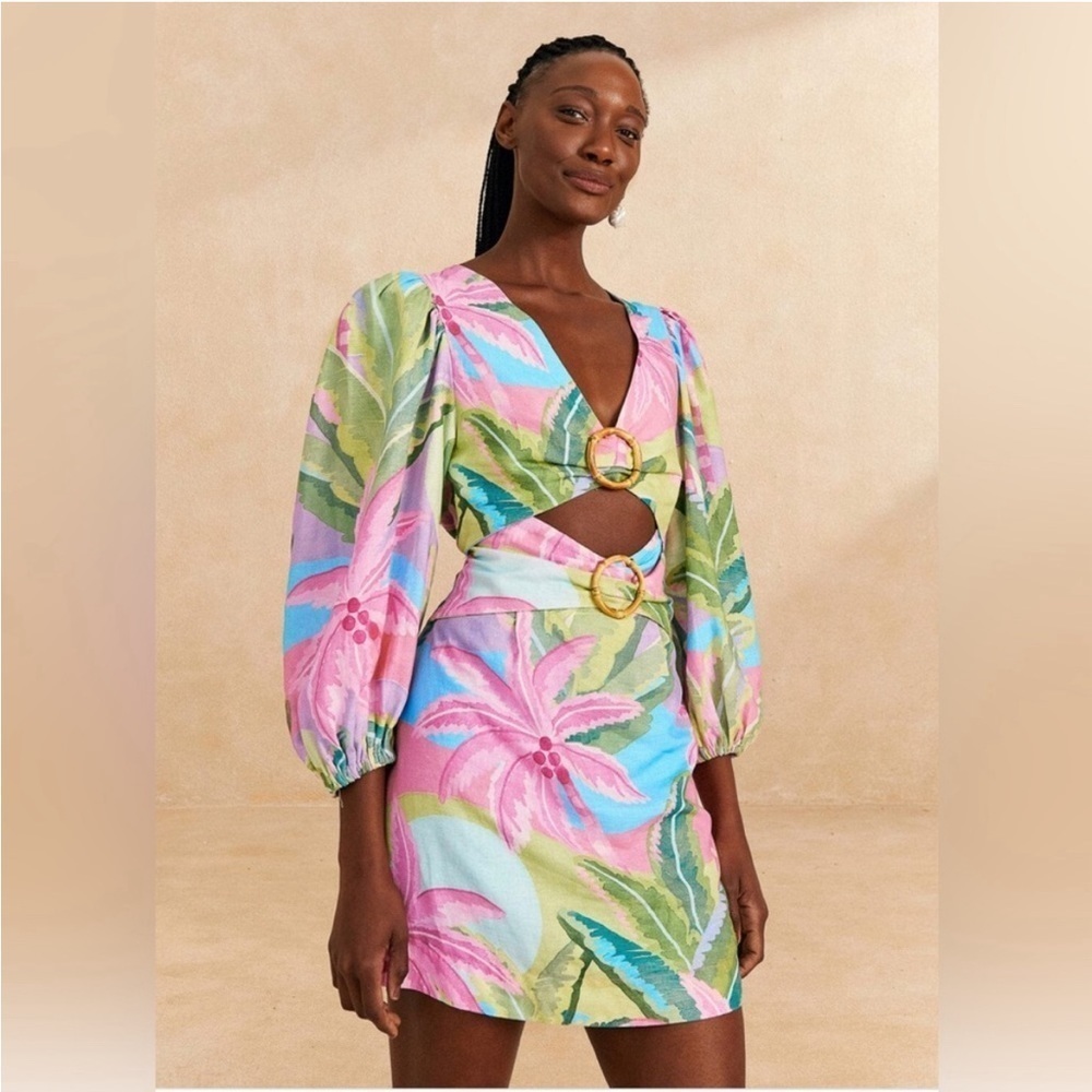 FARM Rio Mini Dress Tropical Cut Out Long Sleeve Pink Blue Floral Beach Resort